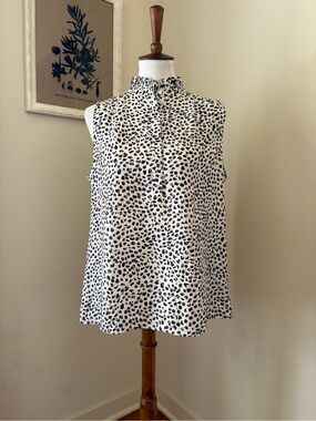 J. Crew White and Black Leopard Ruffle Mock Neck Sleeveless Top